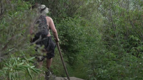 Hiker-Walking-Down-Trail-with-Walking-Stick-Slow-Motion