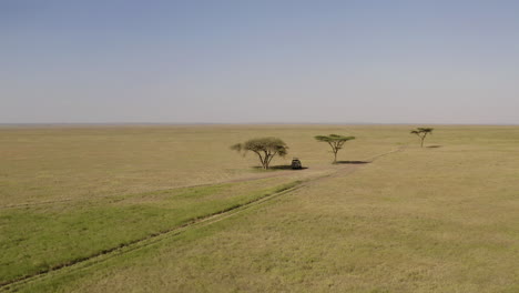 A-view-of-Serengeti-valley-with-the-safari-tour-off-road-car-parked-in-the-shadow-of-a-tree,-Tanzania,-East-Africa