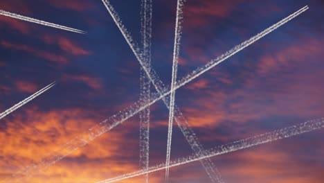 Viele-Flugzeuge-Kreuzen-Im-Sonnenuntergang-über-Atlanta-Am-Himmel,-Symbol-Für-Zu-Viel:-Flugverkehr,-Umweltverschmutzung,-Klimaerwärmung