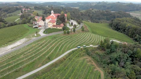 Cars-and-vans-driving-through-the-wine-region-of-Jeruzelum-in-Slovenia-from-an-aerial-perspective