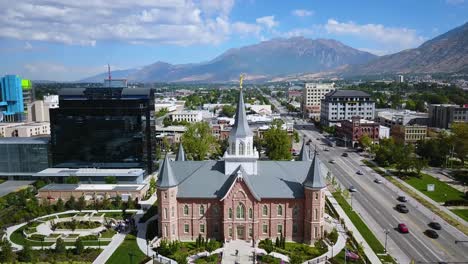 Cinematic-Drone-Shot-of-Provo-City-panning-down-and-revealing-the-Provo-City-Center-Temple
