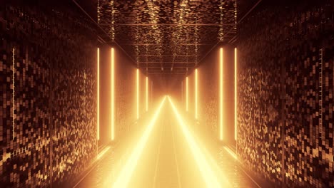 Walking-down-brightly-lit-golden-path-in-futuristic-hall-way-architecture,-3d-cgi-rendered-graphic-animation