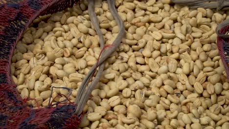 Raw-dried-green-coffee-beans-in-string-bag,-close-up-slider-shot