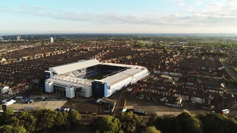 Iconic-Goodison-Park-EFC-football-ground-stadium-aerial-view,-Everton,-Liverpool-pan-left