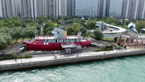 Hong-Kong-waterfront-decommissioned-Fireboat-museum-and-exhibition-gallery-named-after-Alexander-Grantham,-Aerial-view