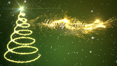 Stylish-Green-Christmas-Motion-Graphic-with-animated-snow-and-spiral-Christmas-tree-in-glittering-sparkles-with-a-firework-burst-revealing-the-star-on-top,-and-the-message-�Happy-Holidays??