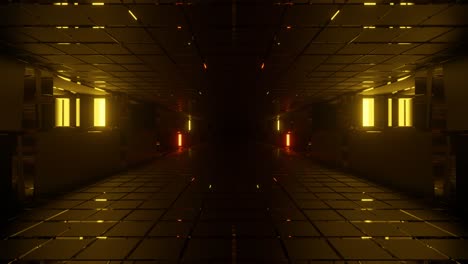 Motion-graphic-sci-fi:-moving-inside-futuristic-commercial-office-corridor-with-low-dark-ceiling-and-neon-column-lights