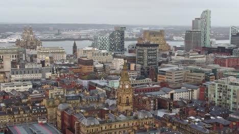 Aerial-view-across-iconic-Liverpool-city-buildings-rooftops-empty-streets-during-corona-virus-pandemic