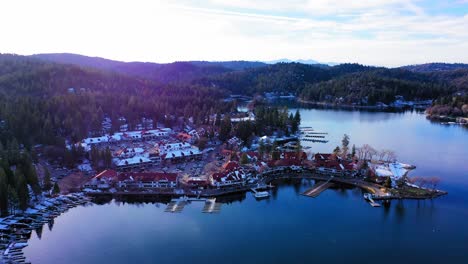 Flying-over-Lake-Arrowhead-Village-with-light-snow