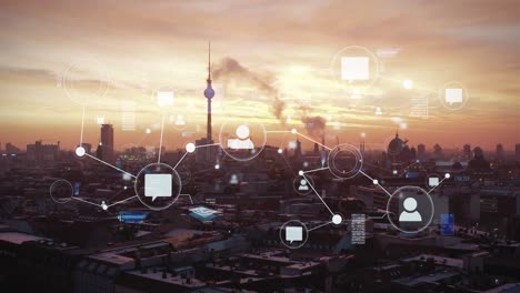 Digital-network-grid,-on-sunset-city-background---3D-motion-graphics-animation