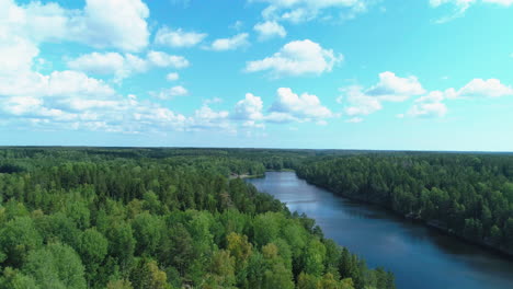 Drone-flying-over-a-Swedish-dark-blue-river-surrounded-by-green-forest-on-a-beautiful-day-with-a-blue-sky-and-scattered-clouds