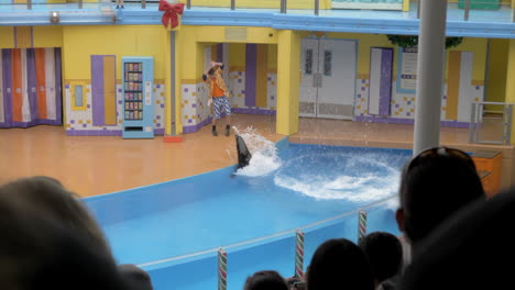 A-Grey-Seal-at-SeaWorld-Performs-a-High-Dive-During-a-Kids-Show,-Splashes-a-Trainer-and-Swims-Away