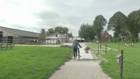 Young-Woman-Walking-With-Bike-Past-Cows-on-an-Organic-Dairy-Farm