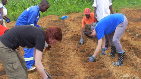 Americanos-Y-Zimbabuenses-Trabajando-Juntos-Para-Plantar-Semillas-En-Un-Nuevo-Jardín,-Proyecto-De-Misiones