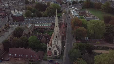 Drone-Aerial-Shot-Church-in-Cambridge-City-Home-of-Prestige-University-Near-London-After-Sunset