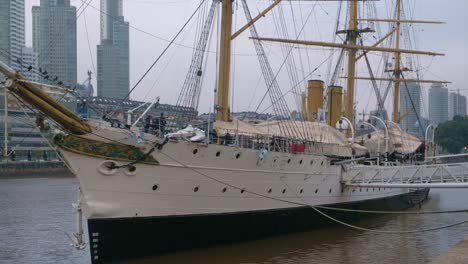 Ruhige-Menschen-Auf-Dem-Museumsschiff-Ara-Presidente-Sarmiento-Und-Die-Skyline-Im-Hintergrund