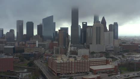 Aerial-view-of-downtown-Houston-on-a-rainy-and-gloomy-day
