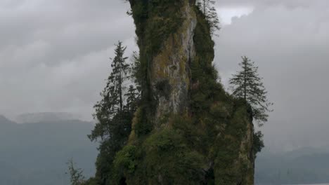 A-tilt-reveal-of-New-Eddystone-Rock:-A-rock-isle-in-an-Alaskan-fjord-featuring-surrounding-vegetation-and-ocean