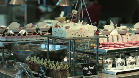 Panning-shot-of-various-cakes-and-sweets-in-buffet