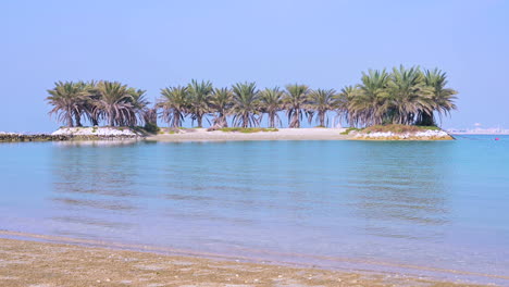 Beautiful-palm-trees-on-the-small-island-with-calm-blue-sea-over-sky-in-Amwaj,-Bahrain