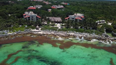 Fast-Pull-Back-Rising-Aerial-of-Carribean-Sea-Coast-Revealing-Amazing-View-of-Tropical-Vegetation-and-Beach-Resorts-in-Xcaret-Mexico