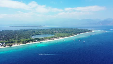 Aerial-panorama-of-the-small-islands-in-the-tropical-ocean,-saltwater-natural-pool-in-the-forest-of-palm-trees,-Indonesia