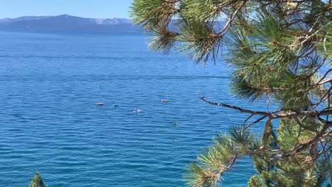 Active-people-kayaking,-paddle-boarding,-and-jet-skiing-in-Lake-Tahoe-during-summer