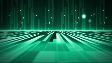 3D-animation-of-green-rectangle-bars-moving-towards-the-screen-with-flashing-and-glowing-light-squares-and-the-camera-slowly-panning-near-the-surface-floor