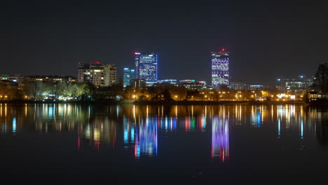 Bucharest-city-skyline-time-lapse-with-reflections-in-the-lake-,Romania