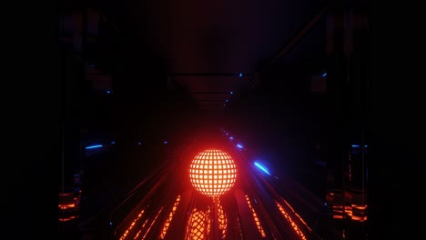 Glowing-neon-orange-sphere-moving-into-an-infinite-dark-space-tunnel-with-reflections-on-the-side-of-it,-giving-psychedelic-immersive-effect