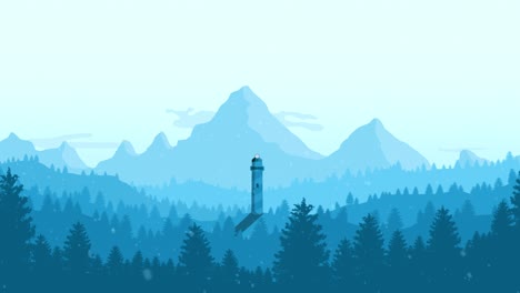 Flache-Animation-Eines-Blauen-Waldes-Im-Winter,-Während-Schnee-Fällt-Und-Bäume-Sich-Im-Wind-Bewegen