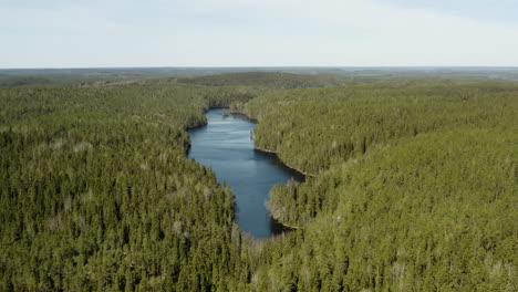 Aerial-view-overlooking-lake-Iso-Helvetinjarvi,-bright,-sunny-day,-in-Helvetinjarven-kansallispuisto,-Ruovesi,-Pirkanmaa,-Finland---orbit,-drone-shot