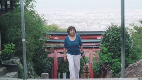 Japanese-Woman-Climbing-Up-On-The-Stairs-In-The-Famous-Fushimi-Inari-Shrine-With-Her-Two-Cute-Dogs-In-Kyoto,-Japan