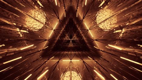 Flying-into-triangular-tunnel-with-gold-particles-flowing,-sci-fi-spaceship-interior,-futuristic-technology-corridor-seamless-VJ-for-tech-titles-and-background