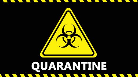 Quarantine-text-and-yellow-biohazard-logo-on-black-background-motion-graphics