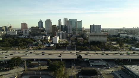 "Tampa,-FL-USA---1-20-2021:-Symmetrical-push-in-shot-over-the-road-leading-to-downtown-Tampa