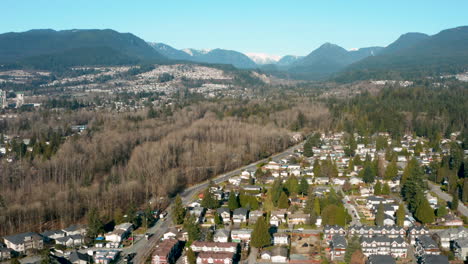 Aerial-flying-over-a-scenic-residential-neighbourhood-in-Port-Coquitlam,-British-Columbia,-Canada