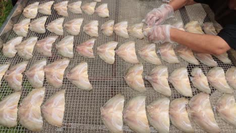 Nahaufnahmen-Von-Fischern,-Die-Sonnengetrockneten-Nil-Tilpia-Fisch-Herstellen,-Natürliche-Lebensmittelkonservierung