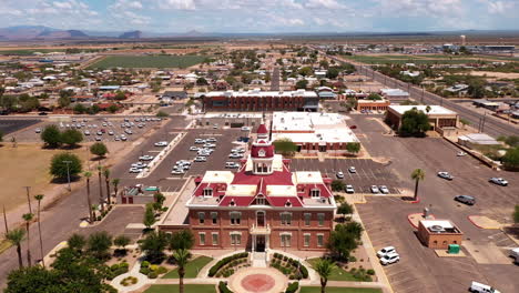 Pinal-County-Courthouse-in-Florence,-Arizona.-Drone-flyover