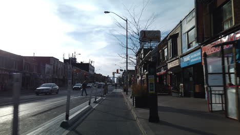Toronto-cycling-point-of-view,-showing-recent-bike-lane-additions-on-Danforth-Avenue
