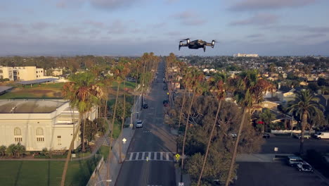 This-is-drone-footage-of-another-drone-flying-above-palm-trees-in-Huntington-Beach,-California