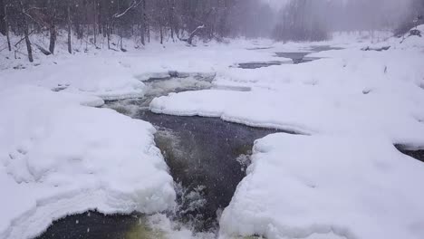 SLOW-MOTION-tilt-up-to-reveal-a-windy-winter-river-during-a-snow-storm