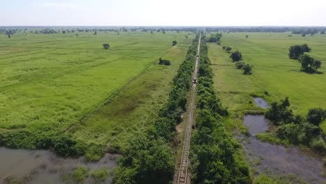 Birds-Eye-View-of-Bamboo-Railway-in-Battambang-in-Slow-Motion