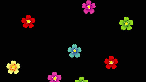 Animationskarikatur-Flacher-Stil-Aus-Rosa,-Grünen,-Blauen,-Roten-Und-Gelben-Blumen,-Die-Von-Oben-Fallen-Und-Auf-Der-Unterseite-Verschwinden