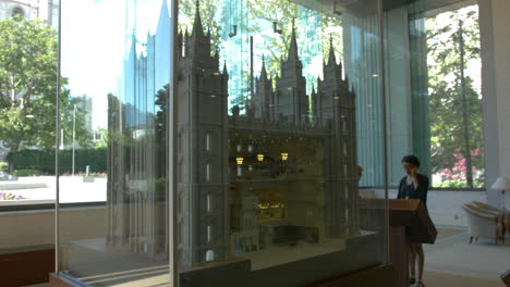 A-wide-shot-of-the-miniature-version-of-the-Mormon-Temple-in-the-visitors-center-in-Salt-Lake-City,-Utah