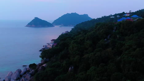 Aerial-shot-of-Koh-Tao-island,-Sairee-Beach-Sunset-time-at-the-island-with-the-ocean-view,-Thainland