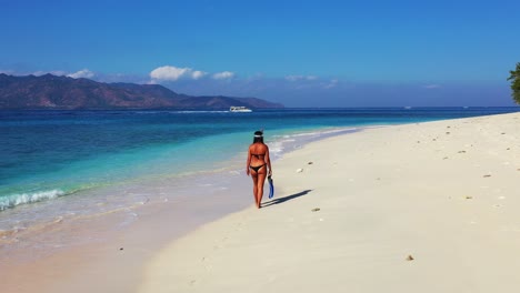 Woman-In-A-Seductive-Mini-Bikini-with-snorkeling-mask-and-fins-walking-along-the-beach