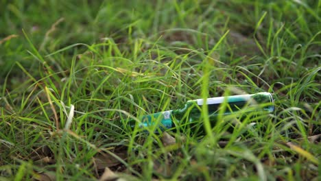 Close-up-of-an-empty-beer-bottle-being-carelessly-discarded-onto-the-grass-in-a-public-park