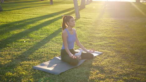 Schöne-Junge-Frau-Sitzt-Im-Lotussitz-Auf-Ihrer-Yogamatte-Und-Meditiert-Während-Des-Sonnenaufgangs-In-Einem-Graspark