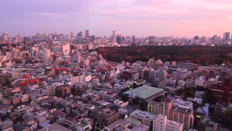 Pink-sunset-over-Tokyo-with-city-lights-and-tall-skyscraper-buildings,-4K-panning-right
